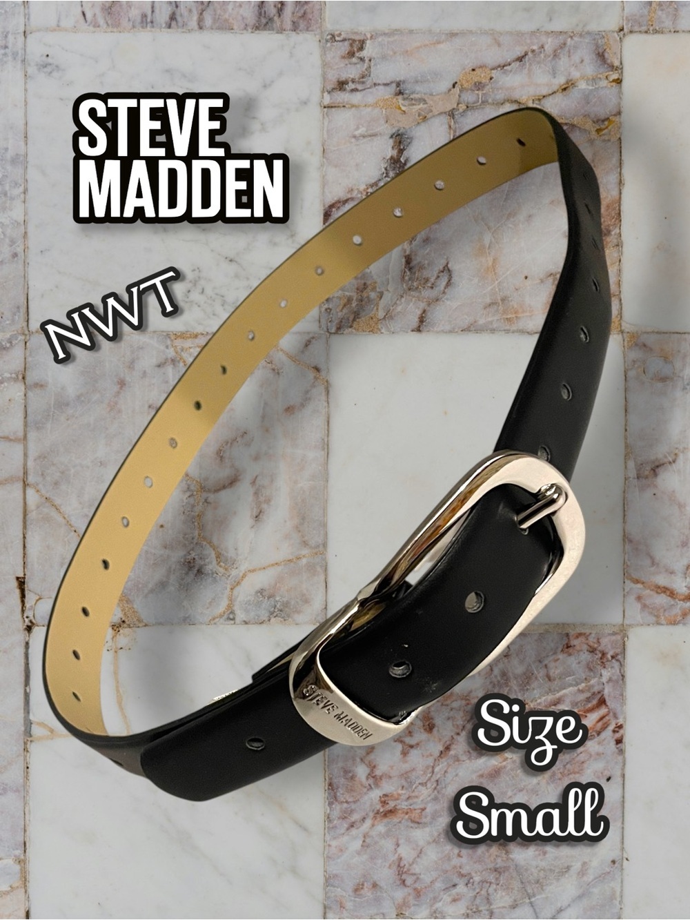 Steve Madden NWT Women's Bottle Opener Black Belt Silver Buckle Size Small